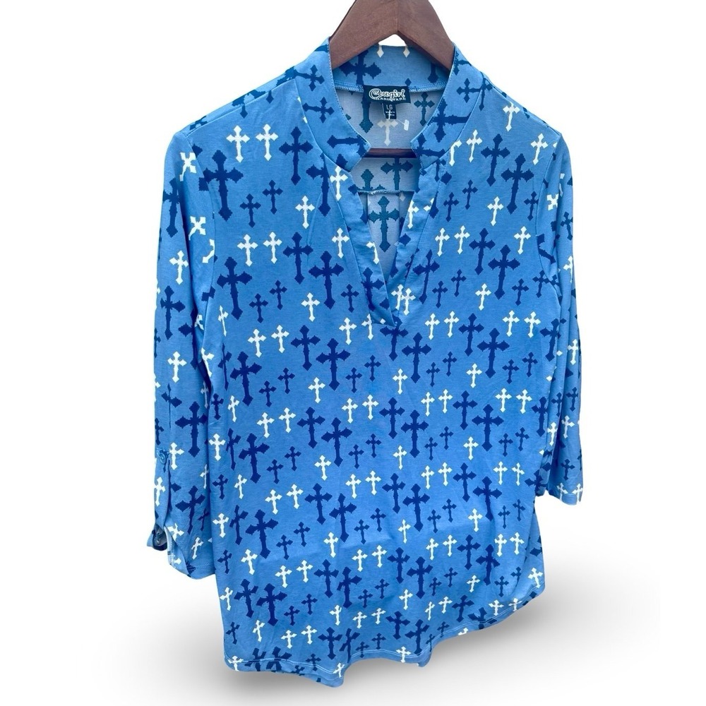 Cowgirl Hardware Blouse‎ Womens LG Blue Cross Print Roll-Tab Sleeve Excellent